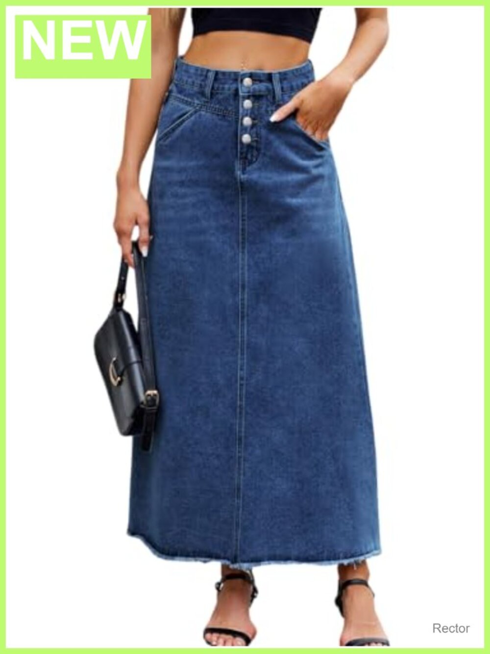 High Waist Maxi Denim Skirt Buttoned Frayed Hem A-Line Cotton Blend